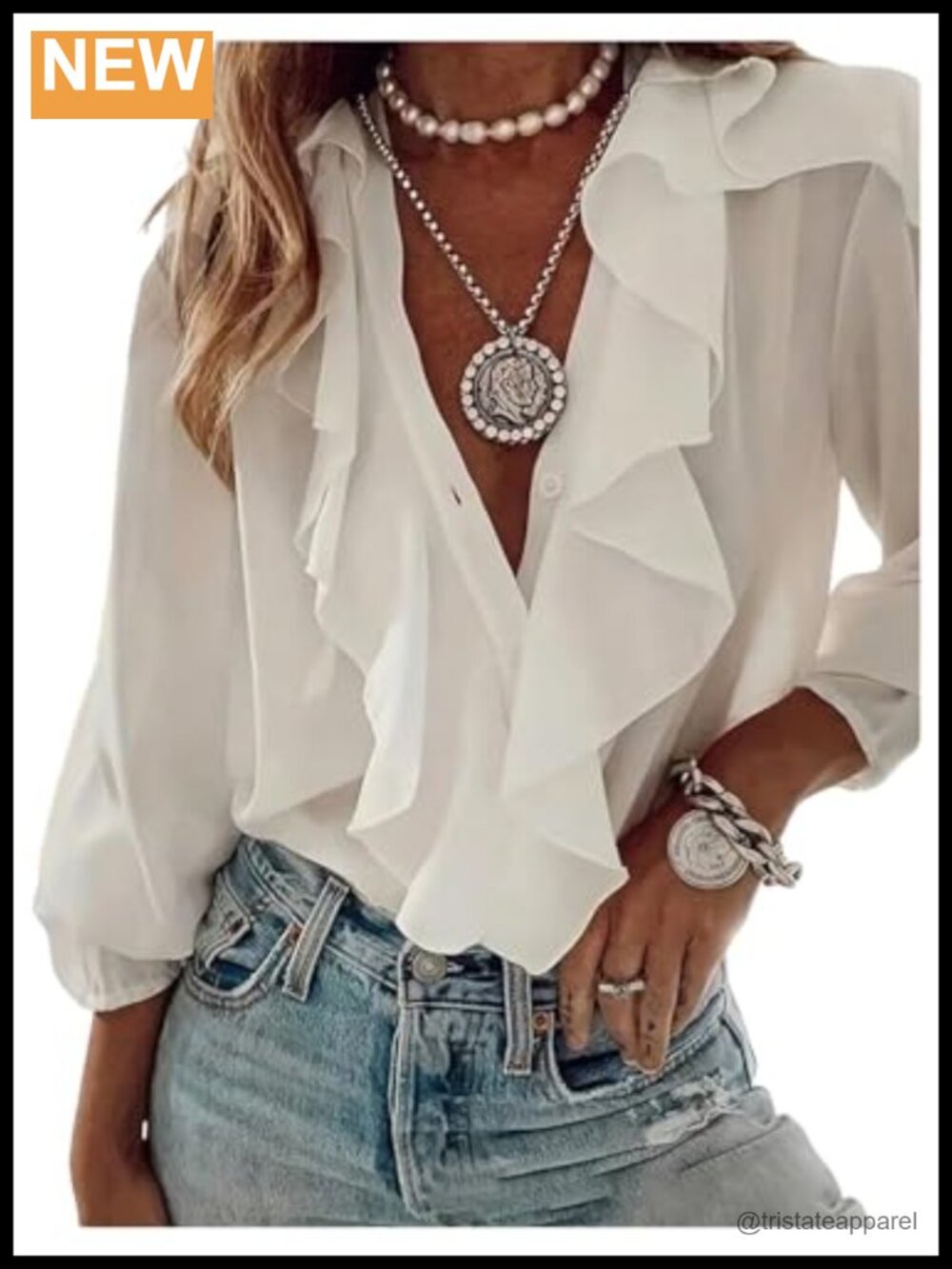 Women's Ruffled V-Neck Button Down Blouse 3/4 Sleeve Business Casual